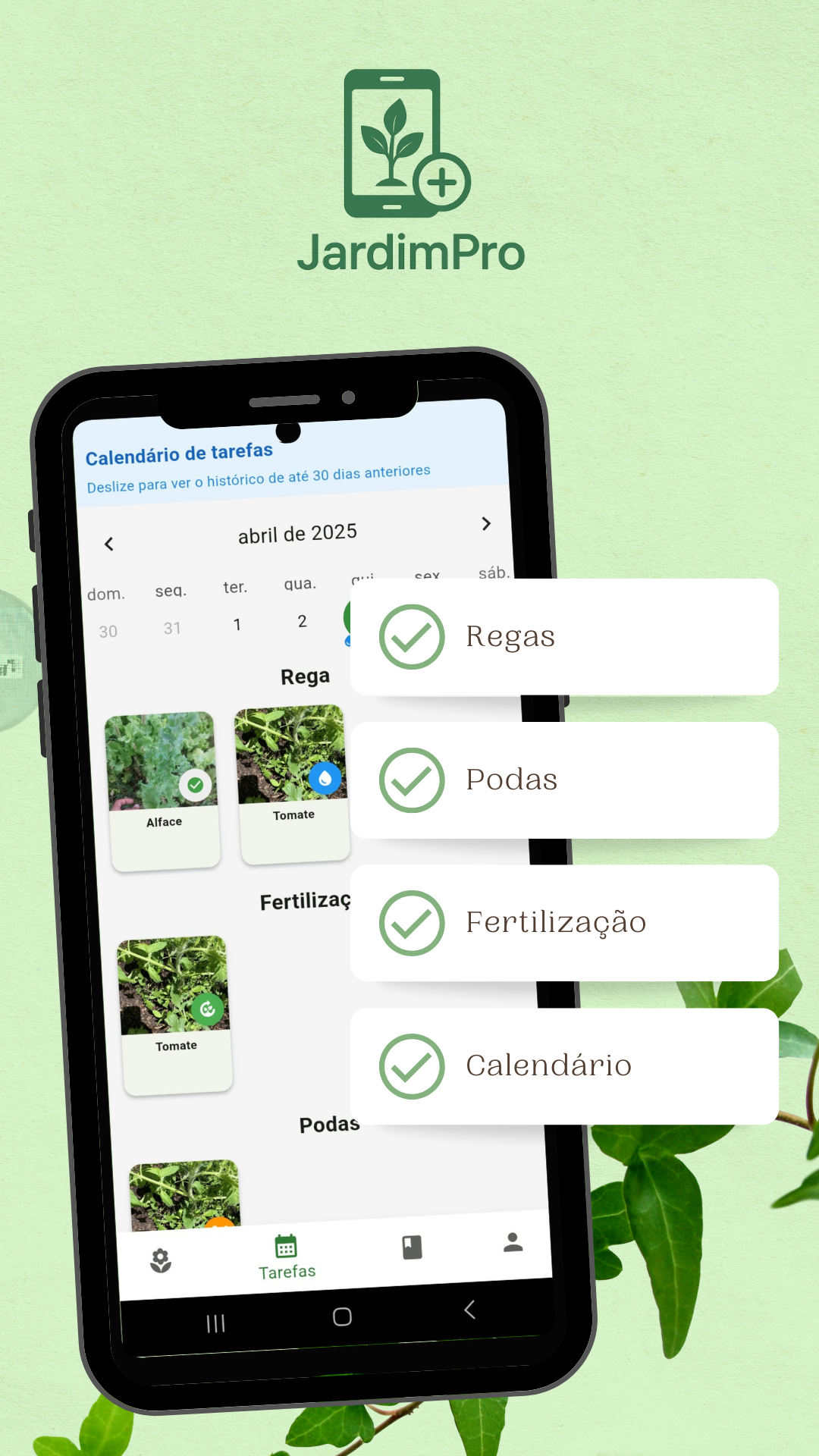 Aplicativo JardimPro mostrando funcionalidades de cuidados com plantas e identificação